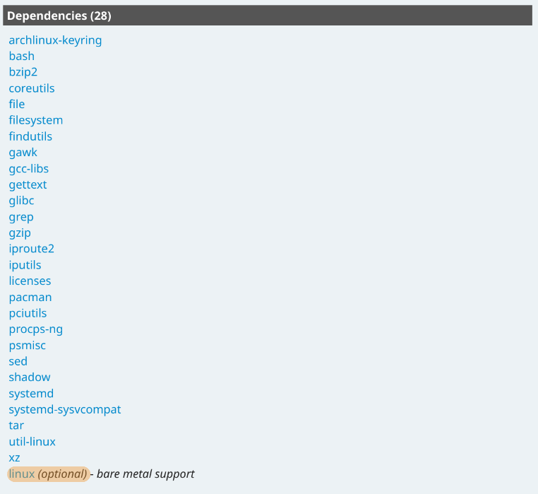 List of dependencies defining an Arch Linux system. Linux itself is optional.