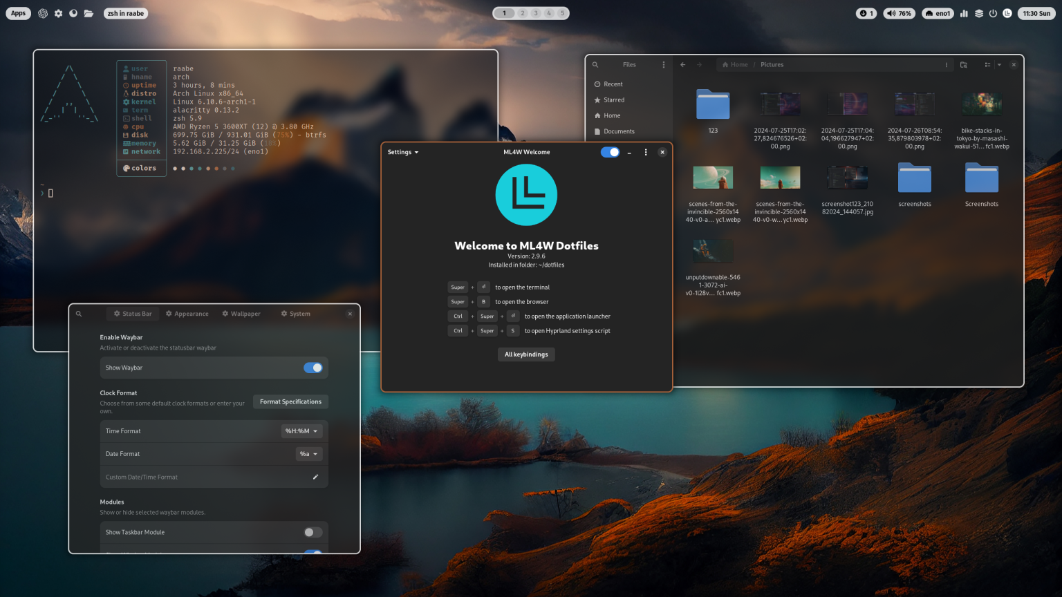 The ML4W desktop with a file explorer, terminal, and 2 configuration apps open