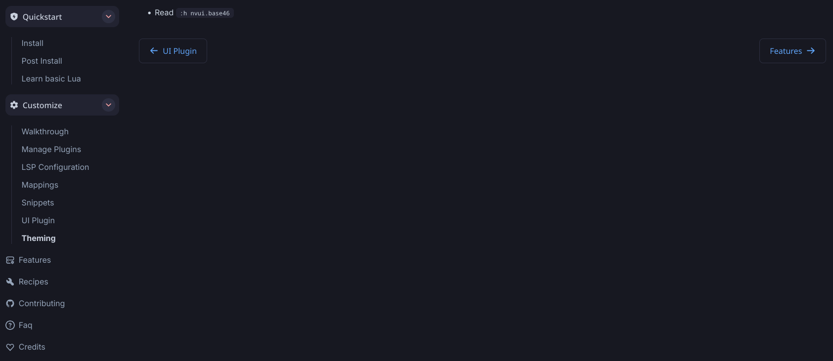 NVChad&rsquo;s docs page for base46 with a single bullet point reading &ldquo;Read :h nvui.base46&rdquo;