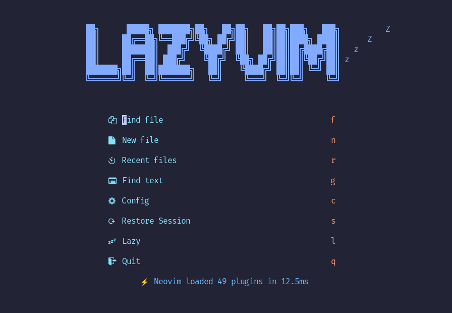 LazyVim&rsquo;s default start screen, showing a list of options with their respective keybind
