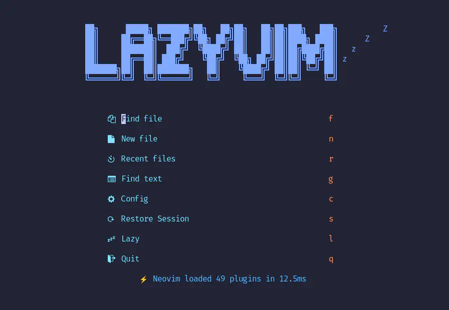 LazyVim’s default start screen, showing a list of options with their respective keybind