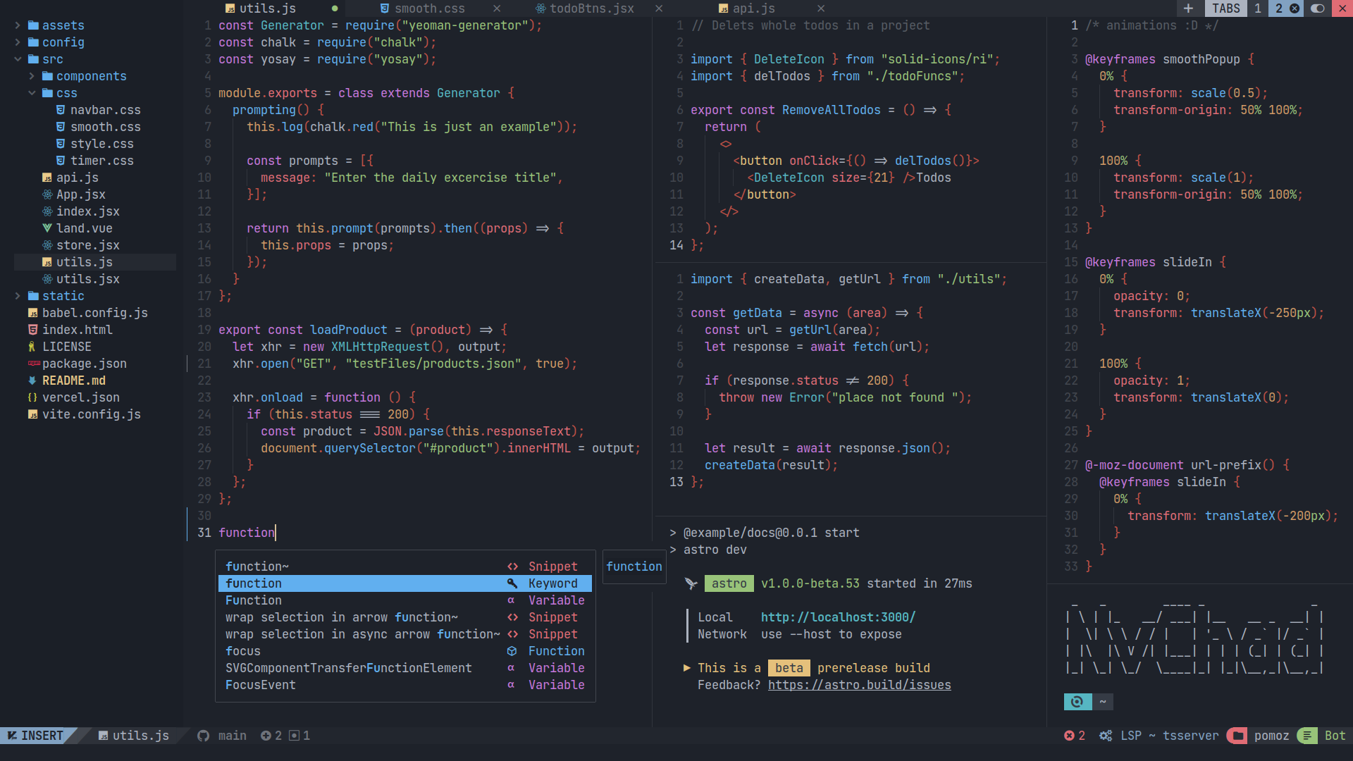 NVChad&rsquo;s default UI, editing a Typescript file