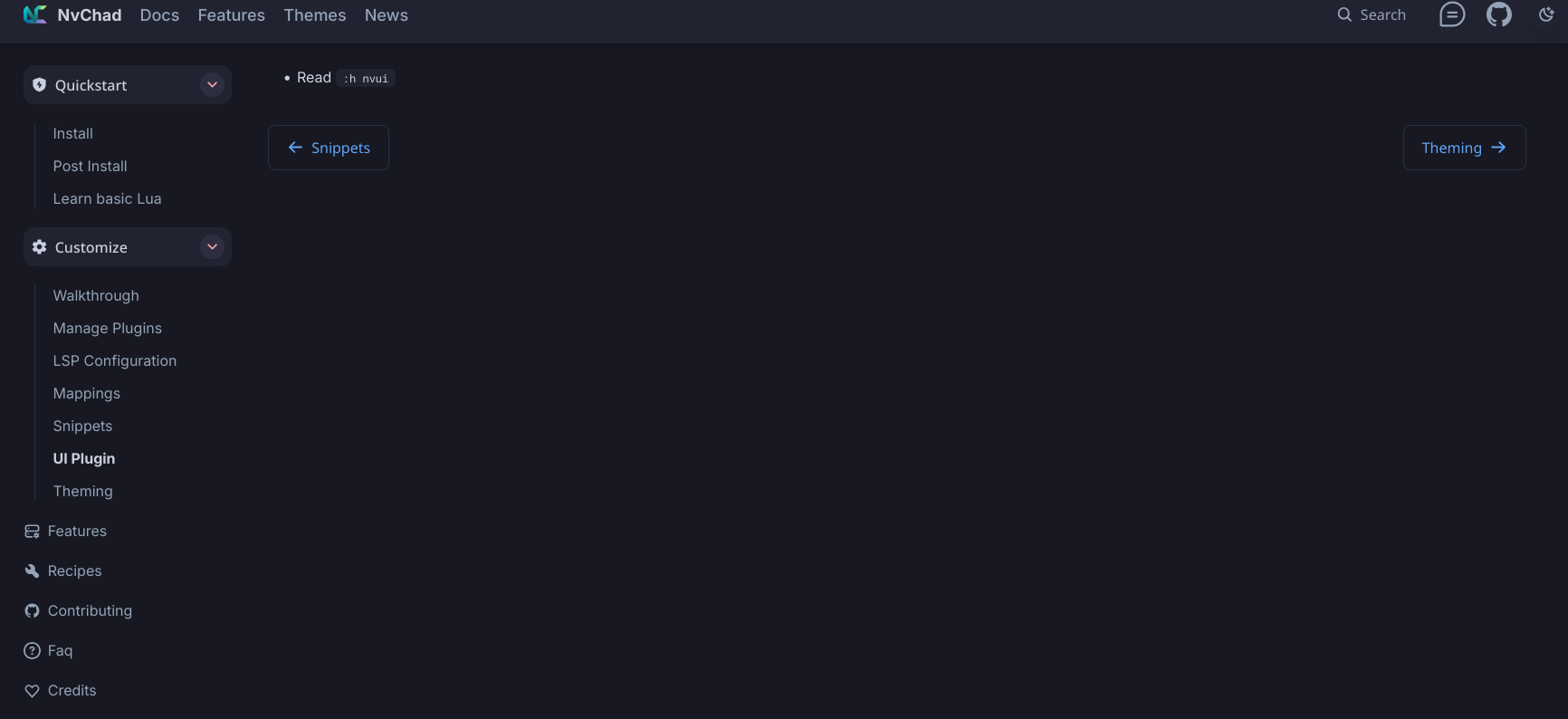 NVChad&rsquo;s docs page for NVUI with a single bullet point reading &ldquo;Read :h nvui&rdquo;
